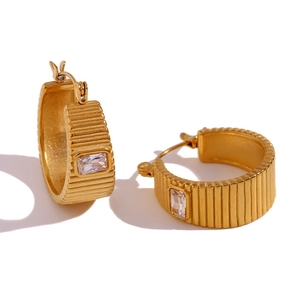 Retro 18K gold plated titanium C-shape earrings with vertical stripes and zircon inlay