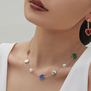 Silver stainless steel necklace with square colorful cat-eye stones and white pearls