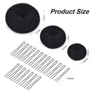 Detailed dimensions of hair bun makers and black U-shaped hair clips for styling