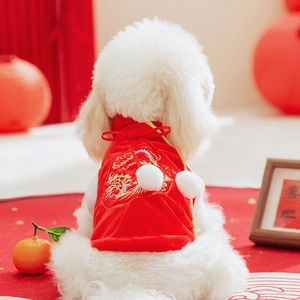Festive red pet Tang suit with gold dragon embroidery and white pom-poms for Lunar New Year