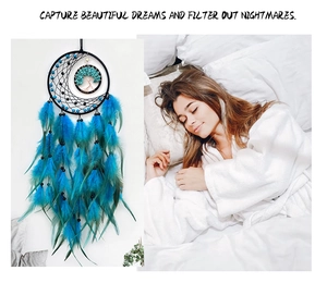 Detailed blue dreamcatcher with life tree and feathers for home wall decoration
