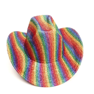 Close-up of rainbow striped glitter cowboy hat with sparkling finish for party wear