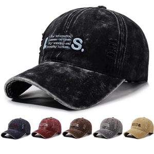 Washed Cotton Baseball Cap Vintage Distressed Holes Letter Embroidery Sun Hat Adjustable Streetwear For Men Women