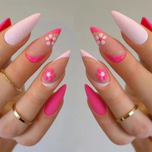 Pink Nude Floral Press On Nails Matte Almond Shape Stiletto Fake Nails With Gold Lines Sweet Elegant Manicure For Women