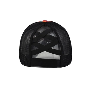 Black mesh ponytail baseball cap with criss-cross elastic bands and colorful pattern
