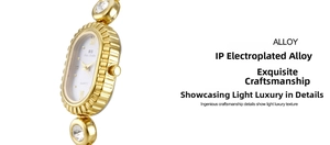 Detail of gold oval quartz watch with IP plating and crystal accents on the bezel