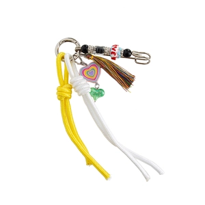 Pink heart macaron rope keychain with tassel and beaded charms for handbags