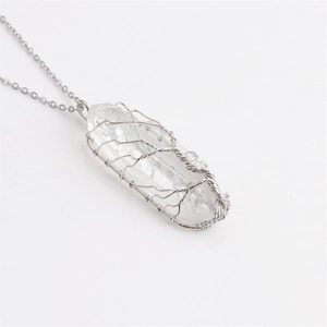 Life Tree crystal column necklace with silver chain and wire-wrapped tree design