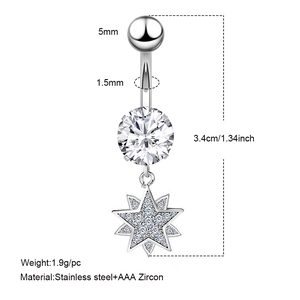 Detailed dimensions of stainless steel belly button ring with star zircon pendant