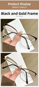 Detail of elegant black gold cat-eye metal glasses frame from front and top views