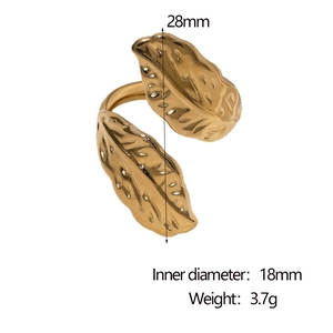Detail view of gold leaf open ring with 28mm length and 18mm inner diameter dimensions