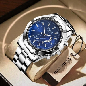 Close-up of ORUSS mens chronograph watch with blue dial in luxury gift box