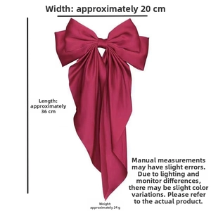 Detail view of burgundy satin bow hair clip with dimensions 20cm width and 36cm length