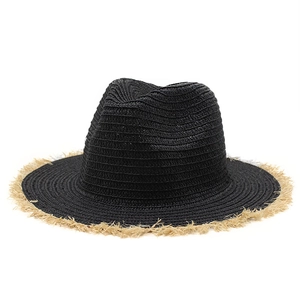 Handwoven black straw fedora sun hat with natural raffia frayed brim for summer beach travel
