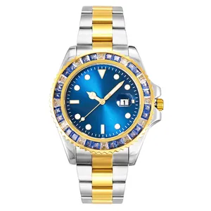 Luxury blue face men's watch with crystal bezel and two-tone gold stainless steel band