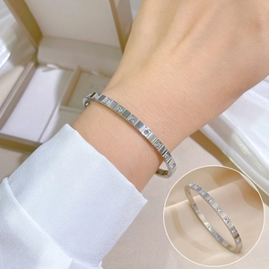 Silver stainless steel ice cube bangle with micro-paved crystals for fashion women