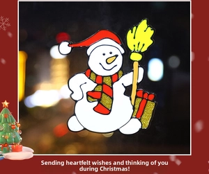 Detail of Christmas snowman window sticker with red hat and golden glitter scarf texture