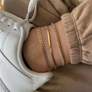 Three-piece gold 18K stainless steel anklets with leaf, snake, and Cuban link chains