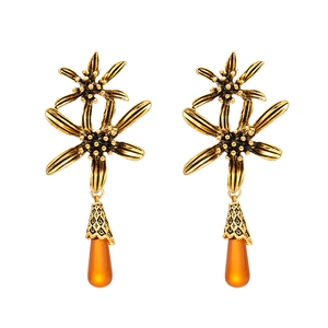 Vintage gold flower earrings with amber water drop pendants in a retro court style