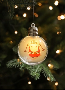 Close-up of LED glowing light bulb Christmas ornament with Santa Claus inside