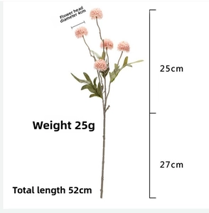 Detailed size chart of pink faux dandelion bunch showing 52cm total length and 5 heads