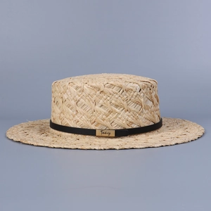 Classic beige raffia boater hat with black leather strap and gold logo plate