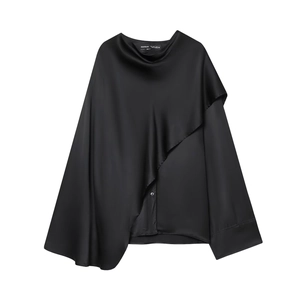 Elegant Black Acetate Satin Blouse For Women Cowl Neck Long Sleeve Asymmetric Draped Chic Office Evening Shirt