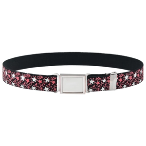 Detail of adjustable kids elastic belt with pink star pattern and magnetic buckle