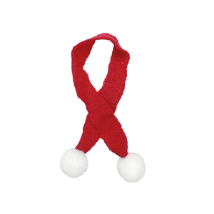Mini red knitted Christmas scarf with white pom-poms for dolls and holiday decorations