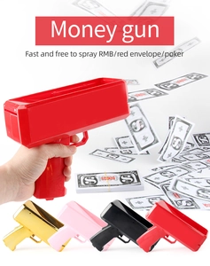 Close-up of electric money gun toy set available in red, gold, pink, and black colors