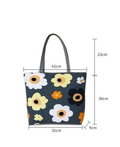 Detailed dimension guide for large floral canvas tote bag showing width and height measurements