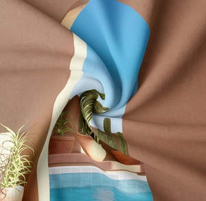 Detail der Textur eines böhmischen Wandteppichs mit Pool- und Kaktuslandschaft