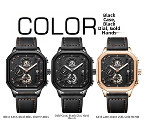 Close-up of three waterproof chronograph men's watches with leather straps and orange stitching