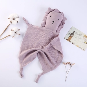 Purple lion cotton gauze baby security blanket with knotted corners and soft crinkle fabric