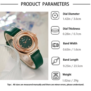 Detailed size chart for women's watch with green leather strap and rose gold case