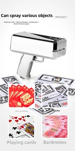 Detailed silver electric money gun shooting poker cards, red envelopes and prop cash