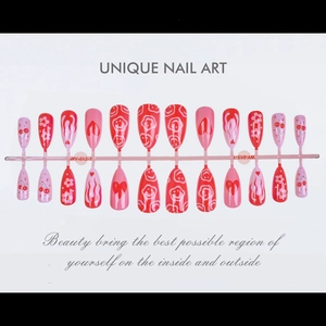 Y2K Red Heart and Cherry Almond Press-on Nails with Flame and Flower Patterns