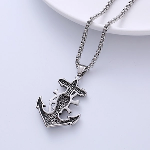 Hip hop silver anchor pendant necklace in titanium steel with long chain for men