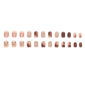Caramel press-on nails with cute bear, heart designs and marble texture set of 24 pieces