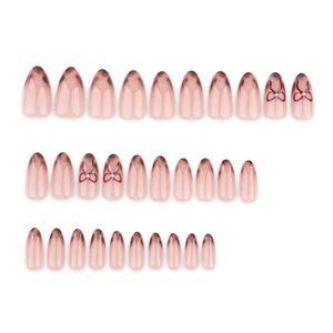 French leopard print press-on nails with almond shape, bow accents and pearls