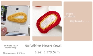 Detail of DIY knitted teardrop and oval hair clips in yellow and red yarn designs