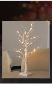 Macro shot of realistic white birch texture and warm LED lights on decorative tree