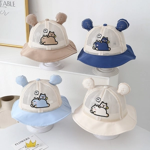 Breathable mesh baby sun hats with cute bear ears and Hi embroidery in four colors
