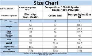 Detailed size chart for red sleeveless vest including length, bust, and waist measurements