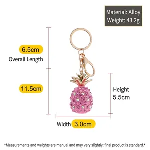 Sparkling pink pineapple keychain with rhinestones and gold alloy lobster clasp accessory