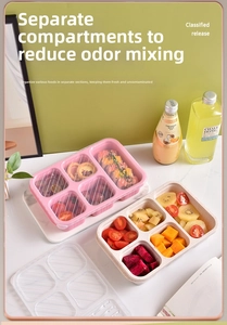 Five-compartment wheat straw bento boxes in pink and beige with clear lids for snacks