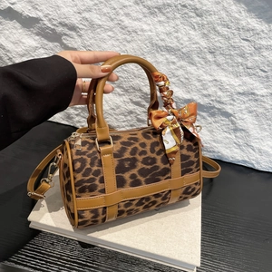 Women Vintage Boston Cylinder Bag PU Leather Leopard Print Shoulder Crossbody Bag With Silk Scarf Handbag For Daily Work