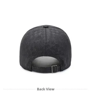 Detail view of the woven texture and adjustable metal buckle on the men's baseball cap