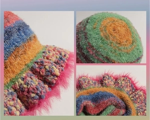 Detailed views of a colorful striped knit bucket hat featuring ruffled faux fur edges