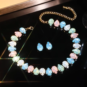 Exquisite multi-color crystal water drop necklace and earring jewelry set with gold plating